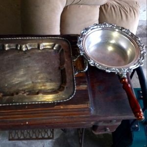 Rare silver large bowl or pot and large silver over copper serving tray